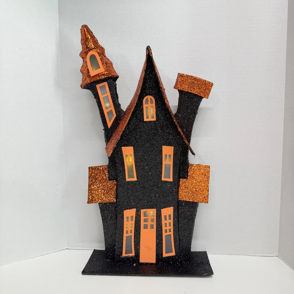 Cracker Barrel Haunted Cardboard House Decor Black Orange Glitter Light Up